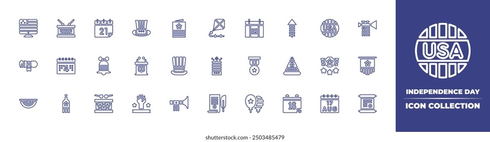 Independence day line icon collection. Editable stroke. Vector illustration. Containing badge, calendar, drum, hat, paperscroll, hand, card, bottle, trumpet, libertybell, rostrum, computer.