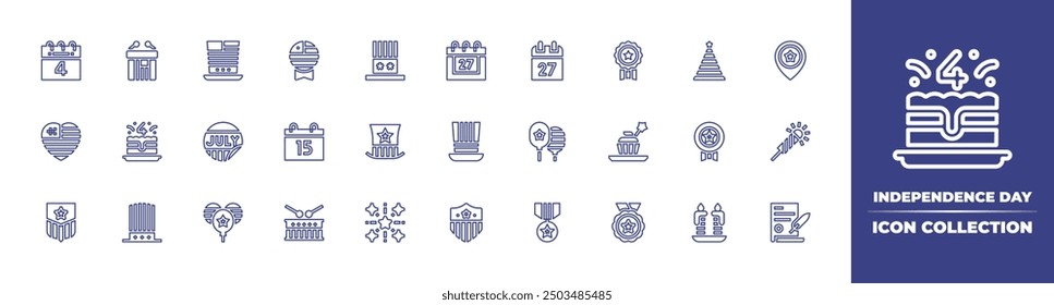 Independence day line icon collection. Editable stroke. Vector illustration. Containing independentday, independenceday, cake, adhesive, drum, emblem, fireworks, balloons, hat, heart, badge.