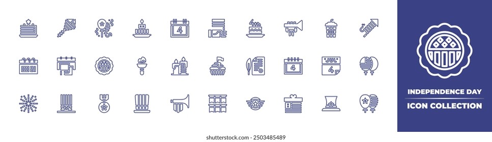 Colección del icono de la línea del día de la independencia. Trazo editable. Ilustración vectorial. Contiene día de la independencia, pastel, velas, americano, cometa, thofjuly, antorcha.