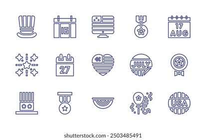 Independence day line icon set. Editable stroke. Vector illustration. Containing badge, independenceday, adhesive, medal, fireworks, calendar, heart, hat, computer.