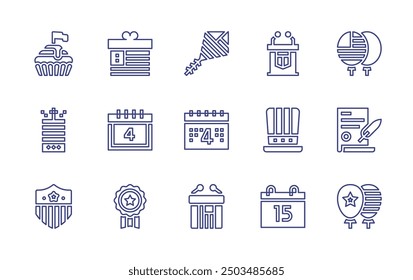 Independence day line icon set. Editable stroke. Vector illustration. Containing independenceday, thofjuly, cupcake, hat, tribune, medal, kite, firecracker, calendar, rostrum, giftbox, badge.