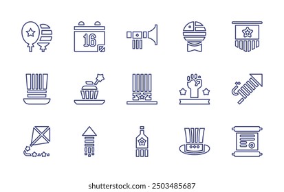 Independence day line icon set. Editable stroke. Vector illustration. Containing independenceday, hat, hand, cupcake, bottle, kite, fireworks, trumpet, balloons, badge.