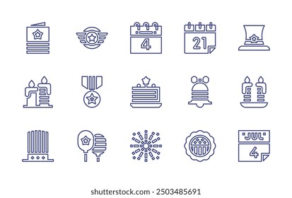 Independence day line icon set. Editable stroke. Vector illustration. Containing calendar, badge, cake, card, ballons, thofjuly, candles, american, fireworks, libertybell, medal, hat.