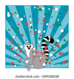 Independence Day in Madagascar. 26 June. Concept of a national holiday. Rays from below, lemur. Blue background, grunge texture. Circles of flag colors - white, red, green