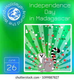 Independence Day in Madagascar. 26 June. Rays from below, lemur. Yellow background, grunge texture. Circles of flag colors. Calendar. Holidays Around the World. Event of each day of the year.