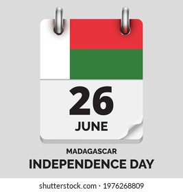 Independence Day, Madagascar - June 26, days of year, flat realistic calendar icon, Independence Day vector image with Madagascar flag