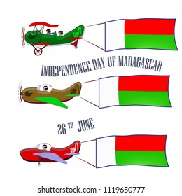 Independence Day of Madagascar, set with three planes and national flags on an isolated background, vector illustration