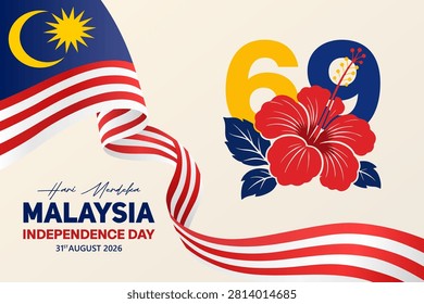Independence Day Malaysia background with the official 69th celebration theme and Hibiscus flower emblem. Perfect for poster, banner, and social media post for 31 August 2026.