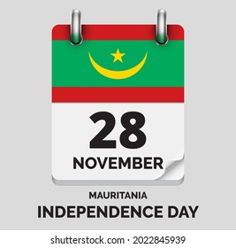 Independence Day, Mauritania -November 28, days of year flat realistic calendar icon Independence Day vector image with Mauritania flag