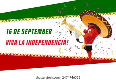 Independence Day of Mexico banner. Mexican chili pepper musician with confetti and national flag, vector Mexico holiday. Cartoon chili or jalapeno mariachi character with sombrero playing trumpet