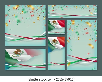 Independence day of Mexico festive banner card set. 16 de Septiembre Viva La Independencia Mexico poster, invitation, greeting card, flyer with confetti and space for text realistic illustration