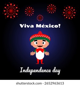 Independence Day of Mexico.A banner depicting a cheerful man in a Mexican sombrero against a background of fireworks.Vector illustration