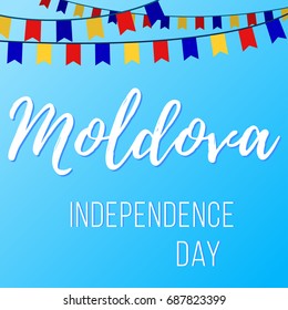 Independence Day in Moldova. Vector illustration with inscription and garlands with flags on a blue background