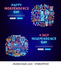 Independence Day Neon Banners. Vector Illustration of American Promotion.
