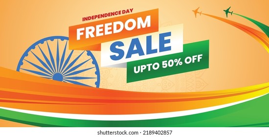 Independence day offer unit. Freedom sale offer tag. Indian flag illustration background. 