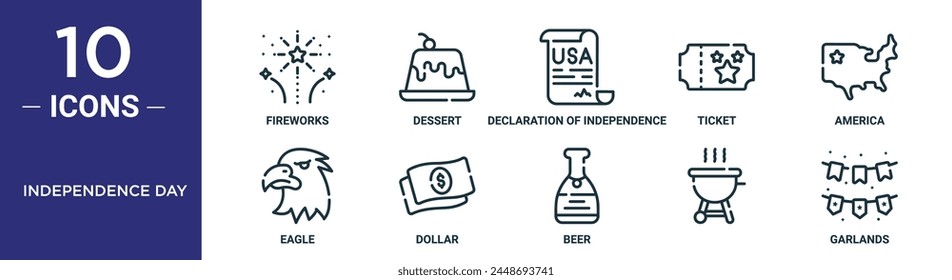 el conjunto de íconos de esquema del día de la independencia incluye fuegos artificiales de línea fina, postre, declaración de independencia, boleto, américa, águila, íconos de dólar para informe, presentación, diagrama, Diseño web