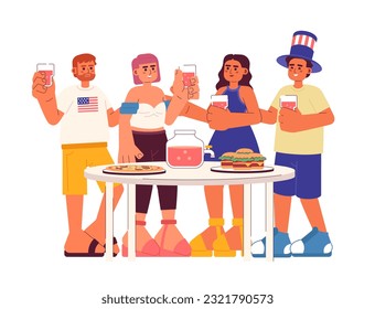 Independence day party flat vector spot illustration. Multicultural friends celebrating happy 4th july 2D cartoon characters on white for web UI design. Barbecue isolated editable creative hero image