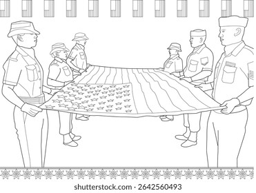 Independence Day Patriotic Flag Display Line Art, Black and white line art illustration depicting a group of people in uniform holding a large American flag. This graphic is ideal for celebrating