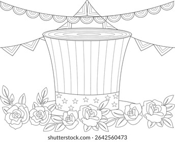 Independence Day Patriotic Hat Coloring Page, Black and white line art illustration for coloring, featuring a classic Uncle Sam style hat with stripes and stars, surrounded by beautiful flowers and