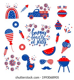  Independence Day patriotic illustrations set. Cute vector prints for 4th of July. Independence day design elements in the colors of the US national flag. Baby, kids design