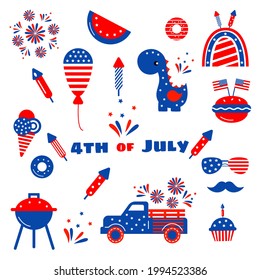  Independence day patriotic illustrations set. Cute vector prints for 4th of July. Independence day design elements in the colors of the US national flag. Baby, kids design