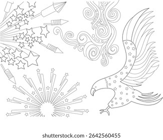 Independence Day Patriotic Line Art Illustration, Black and white line art illustration featuring symbols of American Independence Day and Fourth of July celebration. Includes decorative fireworks,