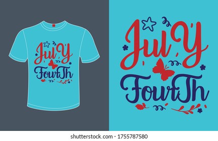 Independence Day Patriotic Slogan "July Fourth" On Sky Green Background. American Patriotic Typographic Vector For Printing On T-Shirts, Banners, Posters, to Celebrate The 4th Of July Memorial Event.