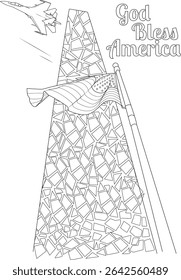 Independence Day Patriotism Line Art with Flag and Jet, Black and white outline illustration depicting American patriotism with elements for Independence Day. Features a fighter jet flying over a