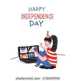 Independence day in the period of coronavirus epidemic, postcard drawn in vector. July 4th celebration via video calling