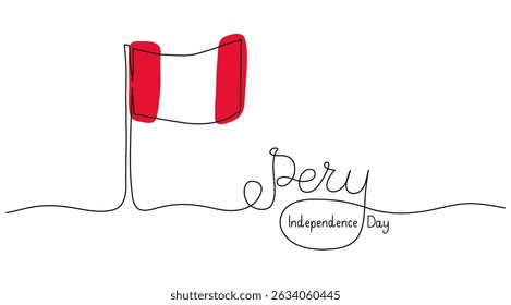 Independence Day in Peru text banner template. Editable stroke hand drawn lettering. One continuous line art background with Flag white red. Outline drawing with typography for poster card