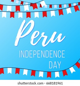 Independence Day in Peru. Vector illustration with inscription and garlands with flags on a blue background. Template for greeting poster, card.