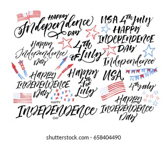 Independence Day phrases collection with american symbolic. Ink illustration. Modern brush calligraphy. Isolated on white background.