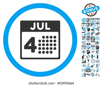 Independence Day pictograph with bonus calendar and time management pictogram. Vector illustration style is flat iconic bicolor symbols, blue and gray colors, white background.