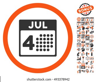 Independence Day pictograph with bonus calendar and time management design elements. Vector illustration style is flat iconic bicolor symbols, orange and gray colors, white background.