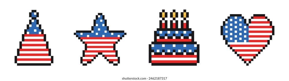 independence day pixel icon set, vintage, 8 bit, 80s, 90s games style, 4th of july, patriotic elements, USA flag, hat, star, cake, heart, vector illustration