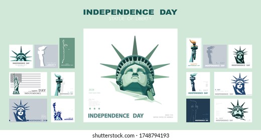 Independence day portrait Statue of Liberty, poster, presentation. Set of green flat design templates. USA Holiday. The national symbol of America. New York. Banner. Name of advertising text, vector