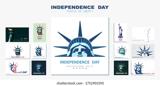 Independence day, portrait Statue of Liberty, poster presentation. Set of green flat design templates. USA Holiday. The national symbol of America, New York, banner. Name of advertising, text, vector