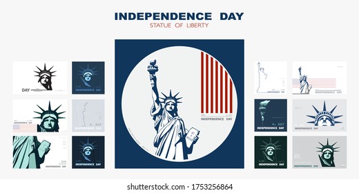 Independence day portrait Statue of Liberty, poster presentation. Set of green flat design templates. USA flag Holiday. The national symbol of America New York, banner.Name of advertising text, vector