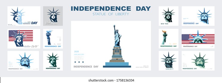 Independence day portrait Statue of Liberty, poster presentation. Set of green flat design templates. USA flag Holiday. The national symbol of America New York, banner.Name of advertising text, vector