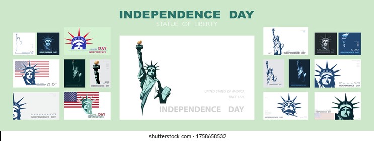 Independence day portrait Statue of Liberty, poster presentation. Set of blue flat design templates. USA flag Holiday. The national symbol of America New York, banner.Name of advertising text, vector