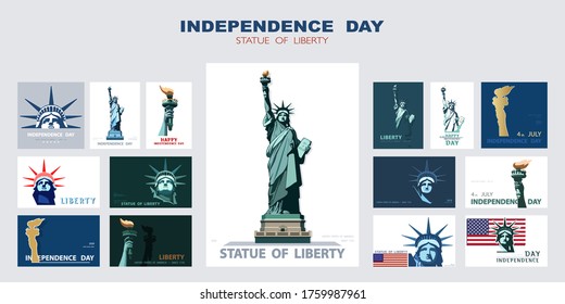 Independence day portrait Statue of Liberty, poster presentation. Set of green flat design templates. USA flag Holiday. The national symbol of America New York, banner.Name of advertising text, vector