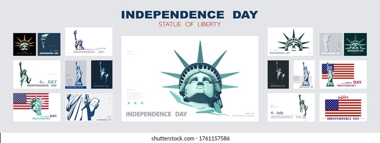 Independence day portrait Statue of Liberty, poster presentation. Set of green flat design templates. USA flag Holiday. 