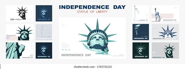 Independence day portrait Statue of Liberty, poster presentation. Set of green flat design templates. USA flag Holiday. The national symbol of America New York, banner.Name of advertising text, vector