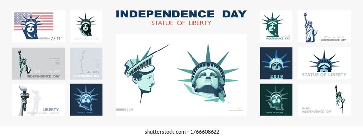 Independence day portrait Statue of Liberty, poster presentation. Set of green flat design templates. USA flag Holiday. The national symbol of America New York, banner.Name of advertising text, vector