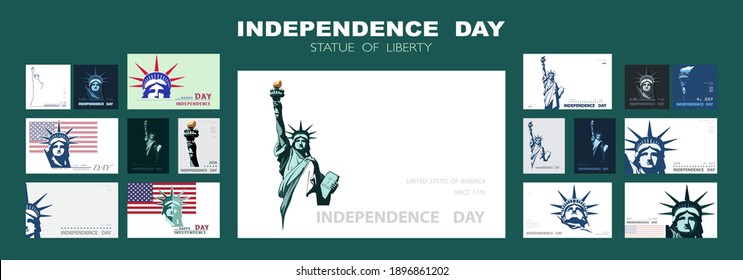 Independence day portrait Statue of Liberty, poster presentation. Set of green flat design templates. USA flag Holiday. The national symbol of America New York, banner.Name of advertising text, vector