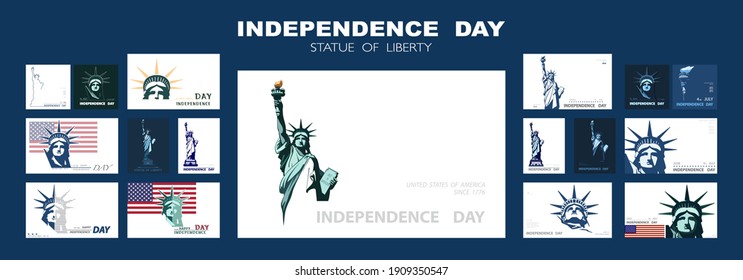 Independence day portrait Statue of Liberty, poster presentation. Set of green flat design templates. USA flag Holiday. The national symbol of America New York, banner.Name of advertising text, vector