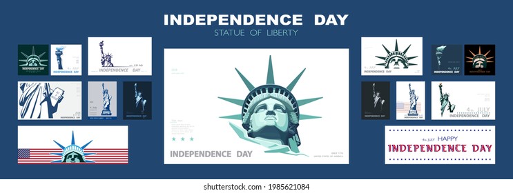 Independence day portrait Statue of Liberty, poster presentation. Set of green flat design templates. USA flag Holiday. The national symbol of America New York, banner.Name of advertising text, vector