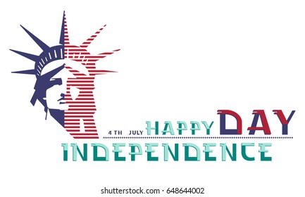 
Independence Day. Portrait of the Statue of Liberty. US flag during the celebration. July 4. Flat banner. 3D letters, font. red. dark blue. Color illustration on a white background
