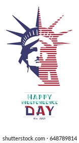 Independence Day. Portrait Statue of Liberty. US flag. July 4. Flat banner. 3D font letters. red, dark blue, turquoise.Color illustration on a white background
