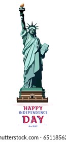 
Independence Day. Portrait. Statue of Liberty. US flag. During the celebration of the Day. July 4. Flat banner. 3D font letters. red, dark blue. Color illustration on a white background, vector